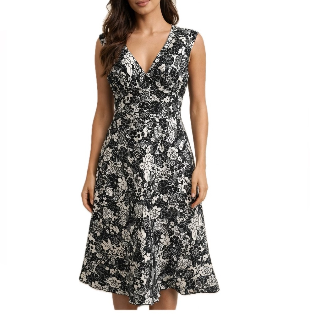 Zara Floral Midi Dress Sleeveless Black White Size 8